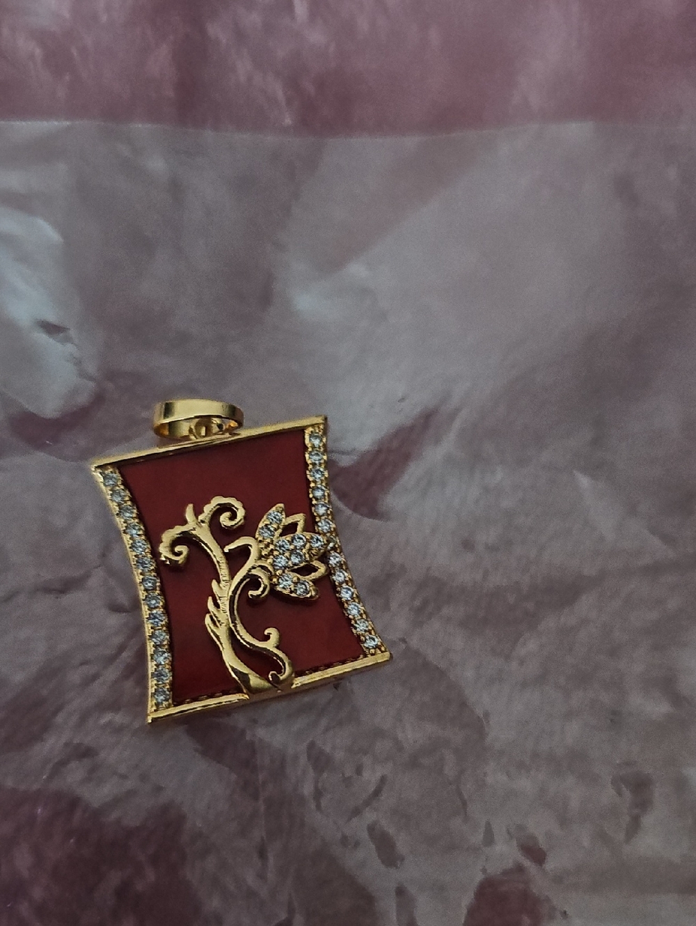 Gold-Tone Red Enamel Floral Pendant Necklace with Crystal Accents
